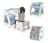DREAMADE Chevalet d'art 3 en 1 pour Enfants 1-5 Ans avec Tabouret, Tableau Effaçable à Sec Magnétique Double Face, Porte-Livre Multi Niveaux, Table et Chaise Réglables (Gris)