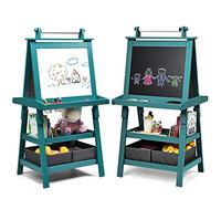 DREAMADE Chevalet Peinture pour Enfants avec Double Faces Noir et Blanc, Table àDessin pour Fille et Garçon avec 2 Étagères de Rangement, Multifonctionnel avec Accessoires Riches (Bleu sarcelle)