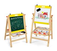 DREAMADE Chevalet pour Enfants 3 en 1 Pliable en Bois, Double Face Tableau Noir/Tableau Blanc, Hauteur Réglable à 5 Niveaux 79-104 cm, Tableau à Dessin avec Plateau de Rangement (Bois, Jaune)