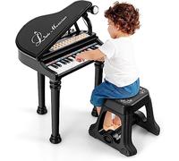 DREAMADE Clavier 31 Touches, Jouet Piano pour Enfants avec Tabouret, Instrument de Musique Mini Piano à Queue avec Microphone, Enseignement Guidé par La Lumière (Noir 31 Touches)
