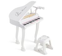 DREAMADE Clavier 37 Touches, Jouet Piano pour Enfants avec Tabouret, Instrument de Musique Mini Piano à Queue avec Microphone, Enseignement Guidé par La Lumière (Blanc 37 Touches)