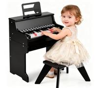 DREAMADE Clavier de Piano 25 Touches pour Enfants, Mini Piano Numérique avec Tabouret, Vitesse et Volume Réglables, Mode d'Enseignement, Pupitre Amovible (Noir)