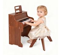 DREAMADE Clavier de Piano 25 Touches pour Enfants, Mini Piano Numérique avec Tabouret, Vitesse et Volume Réglables, Mode d'Enseignement, Pupitre Amovible (Marron)