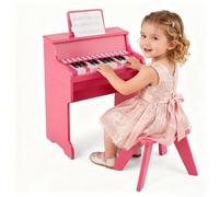 DREAMADE Clavier de Piano 25 Touches pour Enfants, Mini Piano Numérique avec Tabouret, Vitesse et Volume Réglables, Mode d'Enseignement, Pupitre Amovible (Rose)