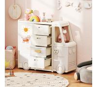 DREAMADE Coffre à Jouets Enfant à 4 Niveaux Forme de Voiture,Bibliothèque Enfants en HDPE avec Tableau Blanc&4 Tiroirs&3 Placards,Meuble de Rangement pour Chambre d'enfant,Salle de Jeux,Bureau