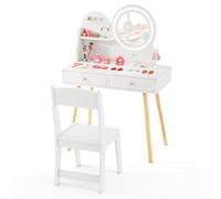 DREAMADE Coiffeuse Enfant Fille avec Lumière LED à 2 Couleurs,Table de Maquillage Enfants avec Tabouret,Miroir Ronde,2 Tiroirs,Etagère Ouverte,3 Crochets,Coiffeuse Princesse 3+Ans (Blanc)