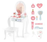 DREAMADE Coiffeuse Enfant Fille avec Tabouret,Table de Maquillage Enfant 3+ Ans avec Miroir Ovale Amovible,Anti-Bascule,3 Étagères,1 Tiroir,10 Accessoires en Bois,Coiffeuse Princess Tout-Petits,Blanc
