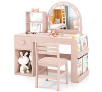 DREAMADE Coiffeuse Enfant Fille, Coiffeuse avec Miroir et Éclairage, Étagères Ouvertes & Bibliothèque à 2 Niveaux, Accessoires Riches, Table de Maquillage pour 3+ Ans (Rose)
