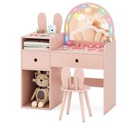 DREAMADE Coiffeuse Enfant Fille, Coiffeuse avec Miroir LED Éclatant & Design Adorable avec Oreilles de Lapin & Tiroirs, Table de Maquillage pour 3 Ans+ (Rose)