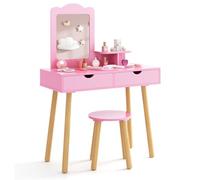 DREAMADE Coiffeuse Enfants Fille 3-7Ans avec Tabouret Bureau d'Écriture 2 en 1 avec Miroir Carré Amovible&2 Tiroirs Table de Maquillage Princesse en MDF,Charge 20+40KG (Rose Foncé)