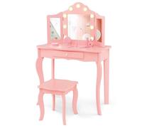 DREAMADE Coiffeuse Enfants Fille avec Tabouret&9 Lumières LED,Table de Maquillage Princesse 3+Ans avec Miroir Amovible&Tiroir&Dispositif Anti-Bascule,Bureau Enfant Charge 50KG(Rose)
