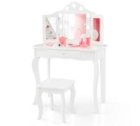 DREAMADE Coiffeuse Enfants Fille avec Tabouret&9 Lumières LED,Table de Maquillage Princesse 3+Ans avec Miroir Amovible&Tiroir&Dispositif Anti-Bascule,Bureau Enfant Charge 50KG(Blanc)