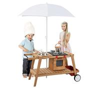 DREAMADE Cuisine d'Extérieur Enfants pour 3 Ans+ en Bois, Jeu d'Imitation Chariot avec Roues, Four, Robinet, Accessoires Inclus, Jouet Multifonctionnel 125x48x160 cm (avec Parasol)
