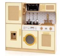 DREAMADE Cuisine Enfant, 84 x 25 x 80 cm, Cuisine en Bois pour 3+ Ans avec Sons et Lumières Réels, Cuisinière, Distributeur d'eau, Hotte et Ustensiles (Jaune)