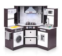 DREAMADE Cuisine Enfant avec Micro-Ondes, Cuisinière Électronique, Cuisine d'angle en Bois avec Effets Lumineux et Sonores, Accessoires Riches, Jouet Dinettes pour 3+ Ans (Blanc + Marron)