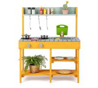 DREAMADE Cuisine Enfant, Cuisine de Boue en Bois pour Extérieur avec Plaque de Cuisson, Évier Amovible, Bac d'eau et Robinet, étagères de Rangement (Orange)