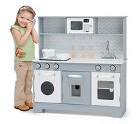 DREAMADE Cuisine Enfant, Cuisine en Bois avec Fonction Lumière, Évier, Cuisinière, Distributeur d'eau, Réfrigérateur, Rangements Inclus, Jeu d'Imitation pour 3+ Ans, 76x28x80 cm