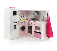 DREAMADE Cuisine Enfant de 3+ Ans, avec Micro-Ondes, Cuisinière, Téléphone, Cuisine en Bois avec 5 Accessoires, Équipé Sonore et Lumineuse (Blanc + Rose)