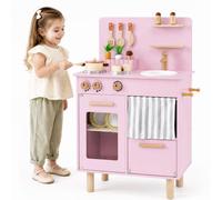 DREAMADE Cuisine Enfant en Bois hêtre et pin, 12 Accessoires, 3 Ans+,Rose | Cuisine de Jeu avec Évier, Robinet, Lave-vaisselle, Boutons à Clic et Étagères, Jeu d'Imitation Montessori