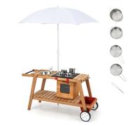 DREAMADE Cuisine Enfants en Bois, Jeu d'Imitation Chariot Roulant Extérieur, Parasol, Four, Boîte de Rangement Amovible, pour 3Ans+