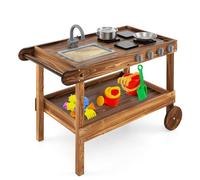 DREAMADE Cuisine Enfants en Cèdre pour +3 Ans, Chariot de Cuisine Roulant Extérieur avec Poignée, Robinet et Evier Amovible, Cuisinières et Boutons Rotatifs, Casserole et Poêle