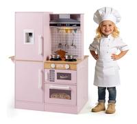 DREAMADE Cuisine Enfants, Ensemble de Cuisine en Bois avec Plaques de Cuisson, Distributeur d'eau, Évier et Cintres, Jeu de Rôle avec Sons, Lumières et Accessoires Complets, pour 3+ Ans (Rose)