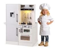 DREAMADE Cuisine Enfants, Ensemble de Cuisine en Bois avec Plaques de Cuisson, Distributeur d'eau, Évier et Cintres, Jeu de Rôle avec Sons, Lumières et Accessoires Complets, pour 3+ Ans (Blanc)
