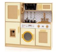 DREAMADE Cuisinière en Bois pour Enfants, Jeu de Cuisine avec Sons et Lumières Réels, Cuisinière, Distributeur d'Eau, Jaune