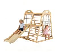 DREAMADE Ensemble 8 en 1 Jeu d'escalade Montessori avec Balançoire, Échelle, Toboggan & Filet d'escalade, Charge Max. 50KG, Aire de Jeux Intérieure en Bois pour Enfant 3-5 Ans (Naturel)
