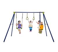 DREAMADE Ensemble de Balançoire 3 en 1 Enfant Exterieur,Portique Balançoire en Métal avec 1 Face à Face,2 Anneaux Gymnastique,Balancoire Réglable,4 Piquets de Sol,Aire de Jeu Enfants 3-10Ans