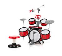 DREAMADE Ensemble de Batterie de Jazz pour Enfant, Jouets Électroniques de Musique avec Pupitre et Tabouret, Clavier à 8 Touches et Platine DJ, Tambours et Gongs de Tailles Différentes, Rouge