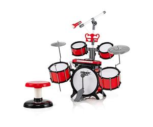 DREAMADE Ensemble de Batterie de Jazz pour Enfant, Jouets Électroniques de Musique avec Pupitre et Tabouret, Clavier à 8 Touches et Platine DJ, Tambours et Gongs de Tailles Différentes, Rouge