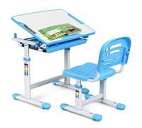 DREAMADE Bureau Enfant avec Hauteurs Réglables, Angle de Bureau Réglable 0°-40°, Ensemble Table et Chaise Enfant, avec Cannelure pour Stylo, Tiroir Coulissant et Crochet, Charge 80KG (Bleu)