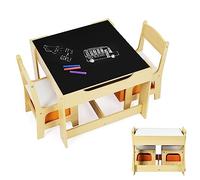 DREAMADE Ensemble de Table et 2 Chaises Enfant avec Tableau Noir, Table Dessin avec Grand Volume de Rangements&Chaises avec Boîtes de Rangement pour Manger Dessiner Bricoler (Naturel)
