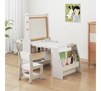 DREAMADE Ensemble Table et Chaise pour Enfants, Chevalet Enfant avec Tableau Blanc & Noir, Rouleau de Papier, Rangement, Table à Dessin en Bois pour Dessiner, Étudier (Blanc)