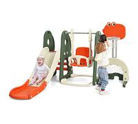 DREAMADE Ensemble Toboggan et Balançoire 6 en 1 pour Enfants 3-8 Ans avec Panier de Basketball, Football, Golf, Aire de Jeux en Forme de Dinosaure, pour Intérieure/Extérieure (Orange Vert)