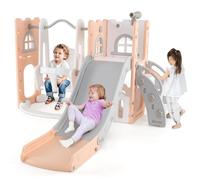 DREAMADE Ensemble Toboggan et Balançoire 7 en 1 pour Tout-Petits, Aire de Jeux Intérieure avec Escalier, Télescope, Panier de Basket et Espace de Rangement, pour Enfants de 1-3 Ans (Rose & Gris)