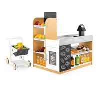 DREAMADE Jouet de Supermarché en Bois pour Enfants, Marchande Enfants avec Chariot,Caisse,Scanner,Tableau Noir et Frigo, Idéal pour Garçons et Filles de Plus de 3 Ans (Noir+Blanc)
