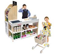 DREAMADE Jouet de Supermarché en Bois pour Enfants, Marchande Enfants avec Chariot,Caisse,Scanner,Tableau Noir et Frigo, Idéal pour Garçons et Filles de Plus de 3 Ans (Jaune+Blanc)