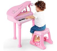 DREAMADE Jouet Piano pour Enfants, Clavier 31 Touches avec Tabouret, Instrument de Musique Mini Piano à Queue avec Microphone, Enseignement Guidé par La Lumière (Rose 31 Touches)