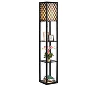 DREAMADE Lampadaire sur Pied en Bois avec 3 Etagères et Abat-jour en Tissu,Lampe sur Pied 160CM avec E27(Sans Ampoule) et Max 60W, Idéal pour Salon et Chambre, 26X26X160CM (Noir2)