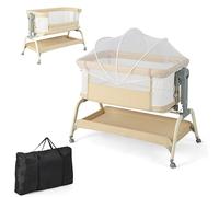 DREAMADE Lit Cododo Bébé 101x56x116CM avec Matelas Lit Berceau Nourrissons 0-6Mois avec 6 Hauteurs Réglables,Inclinaison 2-6°,Roues Universelles avec Frein,Moustiquaire,Charge 9KG (Beige)