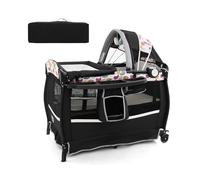 DREAMADE Lit Parapluie Bébé avec Matelas,4 en 1 Lit de Voyage 102x73x80CM Tout-Petites 0-3Ans avec Roues Verrouillables,Auvent Réglable,Poche,Porte-Couches,Sac de Transport (Noir+Cercle)