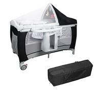 DREAMADE Lit Parapluie Bébé Lit de Voyage Pliable Complet avec Sac de Transport, Matelas à Langer, Jouets Suspendus, Jouet de Musique, Moustiquaire, Rangements Latéraux, roulettes avec Freins (Noir)