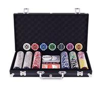 DREAMADE Mallette de Poker Verrouillable avec 300 Jetons avec Autocollant Laser, Bouton de Donneur, 2 Jeux de Cartes, 5 Dés et Mallette de Poker en Aluminium (Noir)