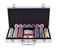 DREAMADE Mallette de Poker Verrouillable avec 300 Jetons avec Autocollant Laser, Bouton de Donneur, 2 Jeux de Cartes, 5 Dés et Mallette de Poker en Aluminium (Argent)