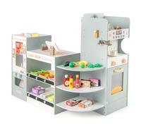 DREAMADE Marchande Enfans, Jouet Supermarché Bois avec Caisse Enregistreuse, Tableau Noir, Distributeur Automatique, Machine à Café, Four et 30 Accessoires