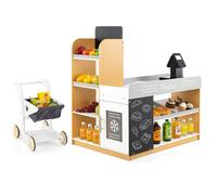 DREAMADE Marchande Enfant Jeu de Épicerie avec Chariot Tableaux et Caisse Enregistreuse Stand de Marché Éducatif Cadeau de 3