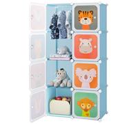 DREAMADE Meuble de Rangement Enfant 8 Cubes,Armoire Modulable Enfants avec Portes&Tringle à Vêtements,Étagères Motif Mignon pour Chambre d'enfants,75x35x145CM (8 Cubes,Bleu-Animal)