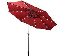 DREAMADE Parasol Déporté Inclinable de Jardin en Fer et Polyester 3M avec Manivelle Rotative 24 Lampes à LED Panneau Solaire de 1,5W Rouge Vineux Beige Brun (Rouge vineux)